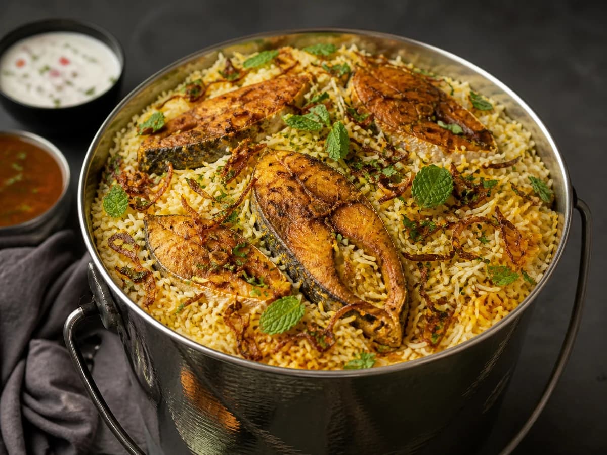 Fish biryani styled food image for Fish Bucket Biryani Combo – 1 kg